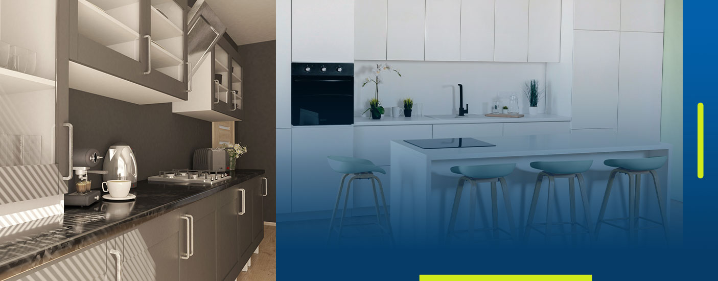 Side-by-side comparison of two modern kitchen designs, one with dark gray cabinets and a marble countertop, and the other with sleek white cabinetry and a minimalist island with bar stools.